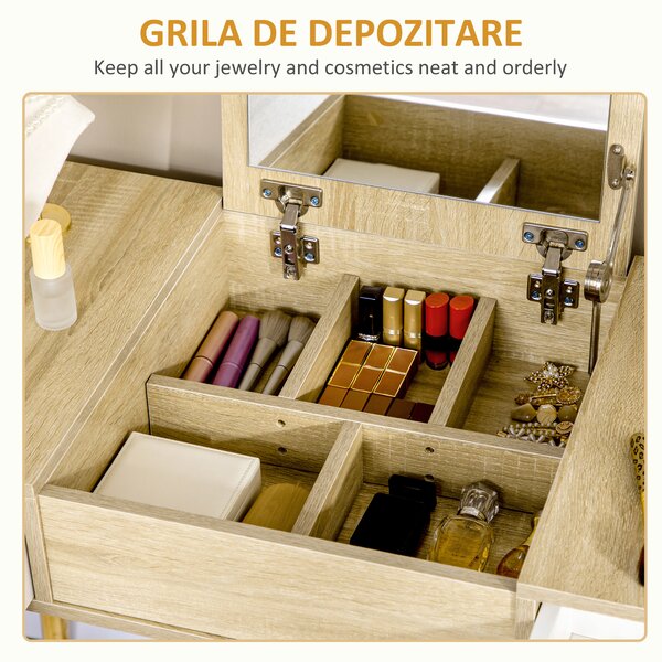 Masa de toaleta cu oglinda glisanta scaun tapitat 2 sertare 5 compartimente de depozitare pentru casa 100x45x118cm Lemn HOMCOM | Aosom RO