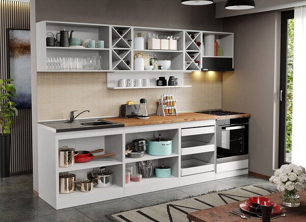 Mobila Bucatarie alba cu lemn Aroma - 16 - 280 cm