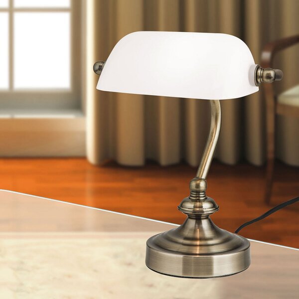 ORION Lampă masă clasică bancher Zora abajur sticlă, Bronz / Alamă Veche, Studiu / Birou, Metal, Antichitate