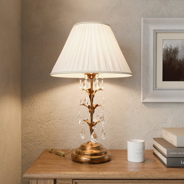 ONLI Lampa de masă Teresa cu cristale și abajur din material textil, Bronz / Alamă Veche, Camera de zi / sufragerie, Metal, Antichitate