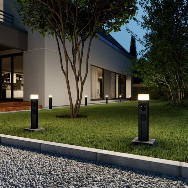 Lucande Lampă LED cu soclu Corban, gri, prize, IP44, Negru, Aluminiu, Modern