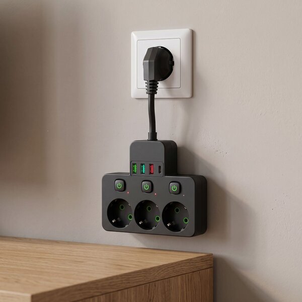 Toolight Toolight, JNH018, prelungitor cu 3 prize + 3× USB-A + USB-C cu lumină LED, negru, OSW-56307