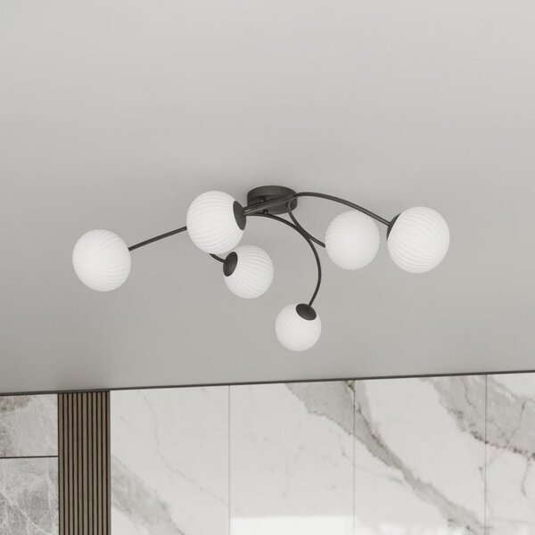 EMIBIG LIGHTING Plafonieră Vibra, opal/negru, lungime 97 cm, sticlă, 6 becuri., reglabil, Alb, Camera de zi / sufragerie, Sticlă, Modern