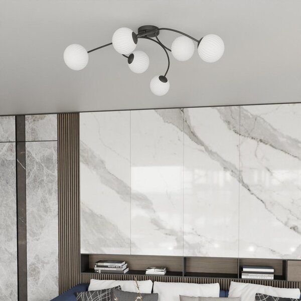 EMIBIG LIGHTING Plafonieră Vibra, opal/negru, lungime 97 cm, sticlă, 6 becuri., reglabil, Alb, Camera de zi / sufragerie, Sticlă, Modern