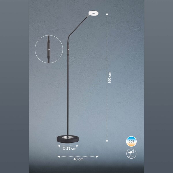 FISCHER & HONSEL Lampă podea LED Dent, dimabilă, CCT, 1 bec negru, reglabil, Negru, Camera de zi / sufragerie, Metal, Modern