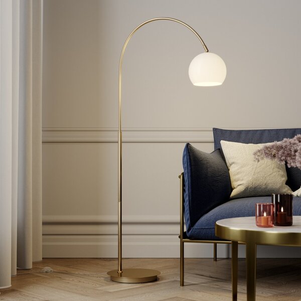 Lindby Lampă cu arc Cynthia, culoare alamă, sticlă, 140 cm, E27, Auriu / Alamă, Camera de zi / sufragerie, Sticlă, Modern