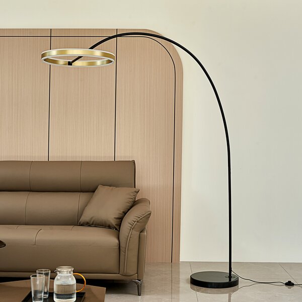 Lucande LED lampă cu arc Yekta, culoare alamă, 183 cm, dimabil, reglabil, Negru, Camera de zi / sufragerie, Metal, Design