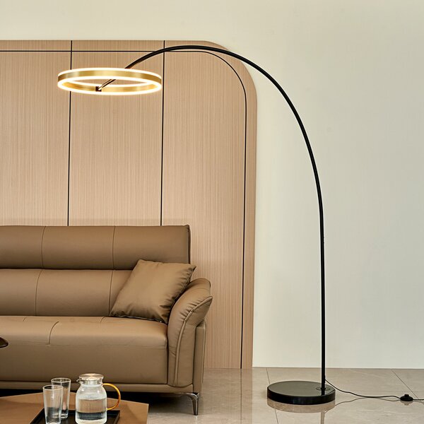 Lucande LED lampă cu arc Yekta, culoare alamă, 183 cm, dimabil, reglabil, Negru, Camera de zi / sufragerie, Metal, Design