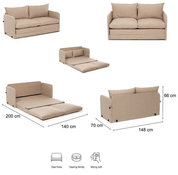 Canapea extensibila 2 locuri moderna, 200x148 cm – stofa gri – Saga