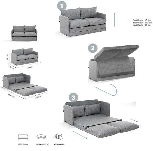 Canapea extensibila 2 locuri moderna, 200x148 cm – stofa gri – Saga