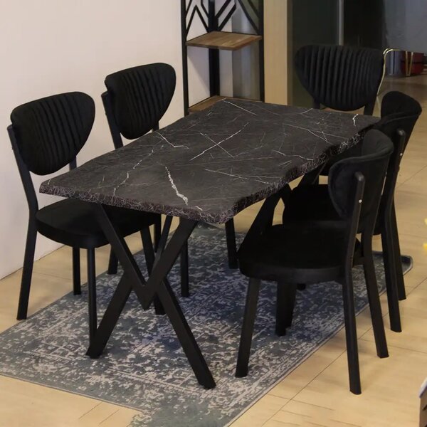Set Masa de bucatarie Barton din MDF cu 4 Scaune din metal, culaore negru si negru, 140 cm