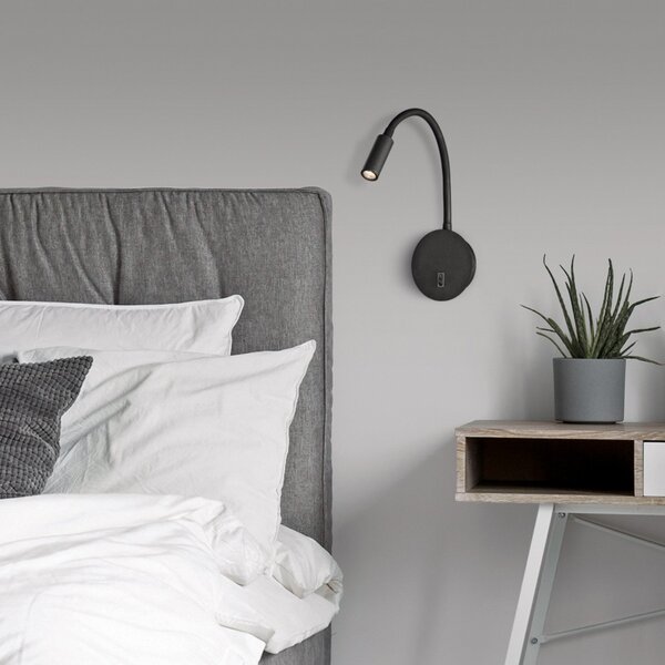 ACB ILUMINACIÓN Lyon LED lampă de citit montată pe perete, braț flexibil, întrerupător, negru, Negru, dormitor, Aluminiu, Modern