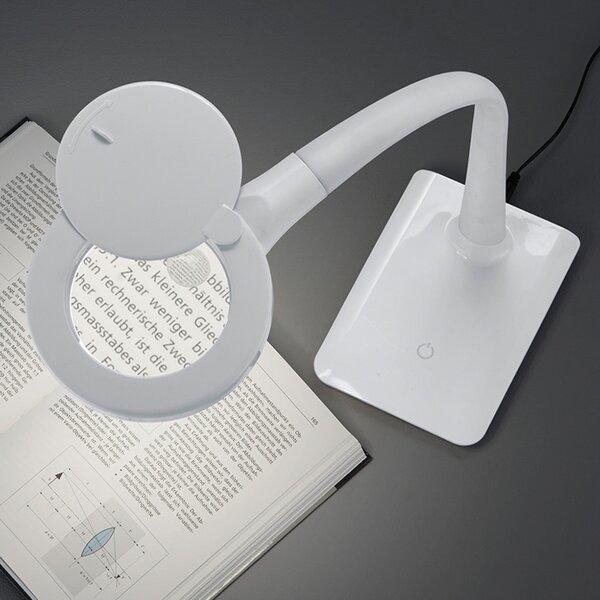 Trio Lighting Cu picior - lampă LED cu lupă Lupo, albă, reglabil, Alb, Studiu / Birou, Plastic, Modern, Birou de masă