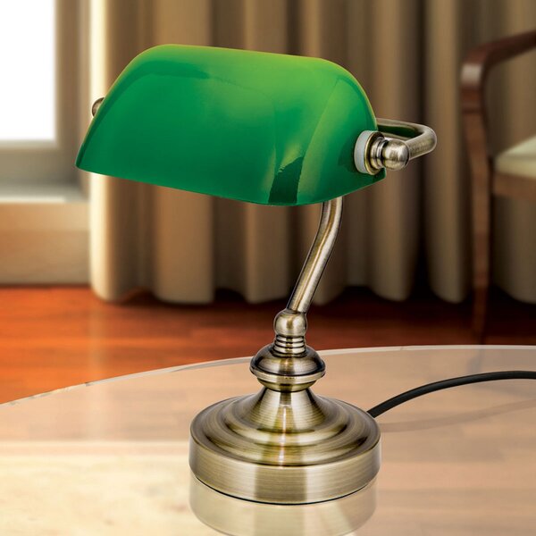 ORION Zora - lampă de masă bancher abajur sticlă verde, Bronz / Alamă Veche, Studiu / Birou, Metal, Antichitate