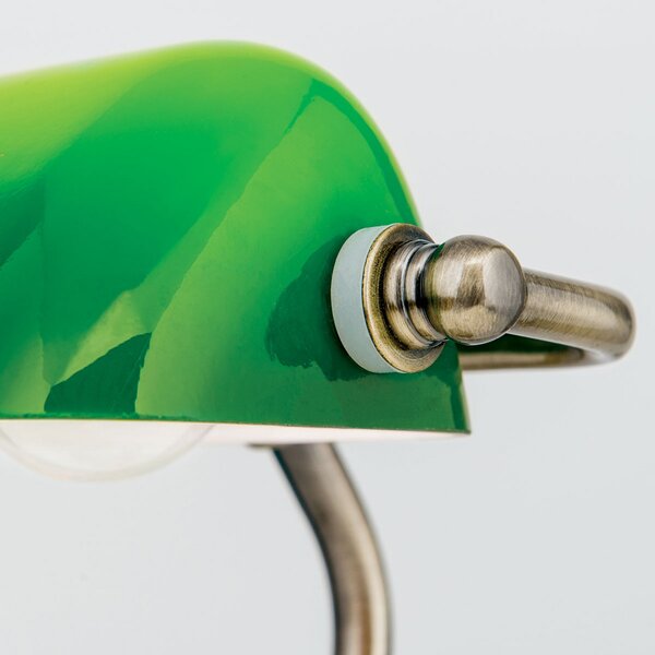 ORION Zora - lampă de masă bancher abajur sticlă verde, Bronz / Alamă Veche, Studiu / Birou, Metal, Antichitate