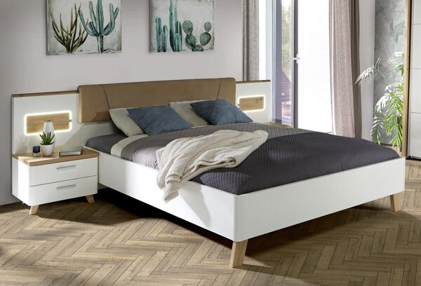 Cadru pat OLINDA 160x200, alb/maro, cu panouri laterale si iluminare l