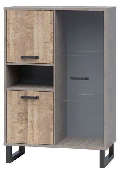 Vitrina BARI, gri/stejar, PAL laminat/sticla/metal, 90x45x134 cm
