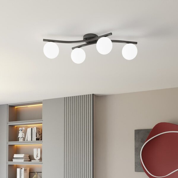 EMIBIG LIGHTING Plafonieră Opus, lungime 85 cm, opal, 84 4 becuri., reglabil, Negru, Camera de zi / sufragerie, Metal, Modern