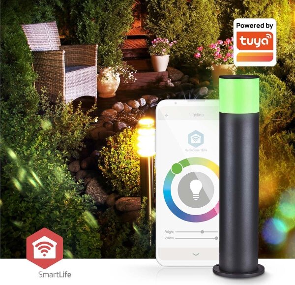 Nedis ZBLOP10RGBW - Lampă LED RGBW pentru exterior, dimabilă, 10 W, 230 V, IP65, Wi-Fi Tuya, neagră