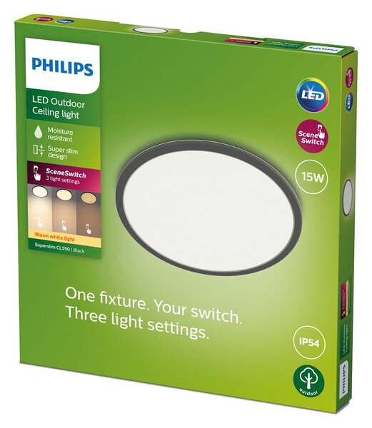 Philips SuperSlim LED IP54 Ø 25cm 2.700K negru, reglabil, Negru, Baie, Metal