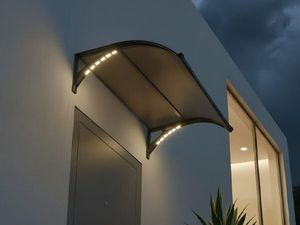 Copertină PREMIUM LUMI cu senzor de lumină și panou solar pentru ușă, 200x100 cm marchiză acoperiș adăpost, negru-bronz