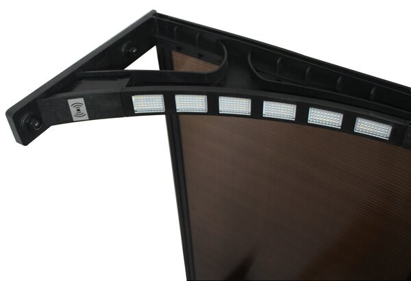 Copertină PREMIUM LUMI cu senzor de lumină și panou solar pentru ușă, 200x100 cm marchiză acoperiș adăpost, negru-bronz