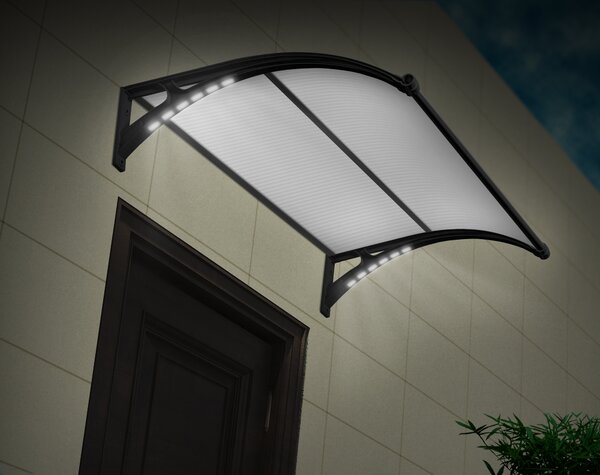 Copertină PREMIUM LUMI cu senzor de lumină și panou solar pentru ușă, 200x100 cm marchiză acoperiș adăpost, negru-bronz