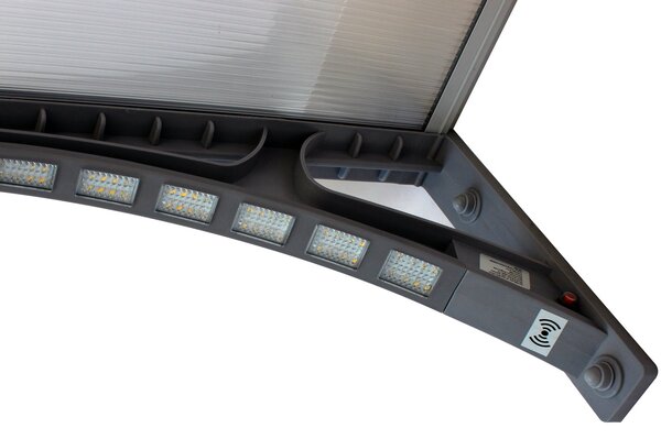 Copertină PREMIUM LUMI cu senzor de lumină și panou solar pentru ușă, 200x100 cm marchiză acoperiș adăpost, gri-transparent