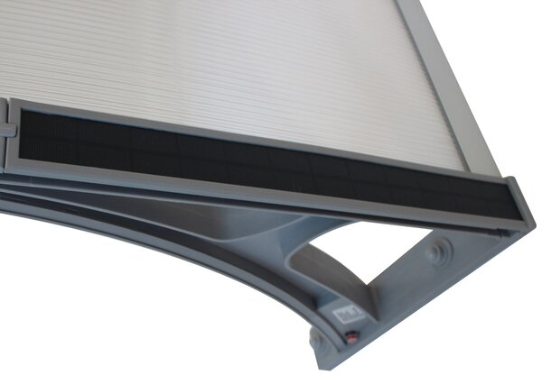 Copertină PREMIUM LUMI cu senzor de lumină și panou solar pentru ușă, 200x100 cm marchiză acoperiș adăpost, gri-transparent
