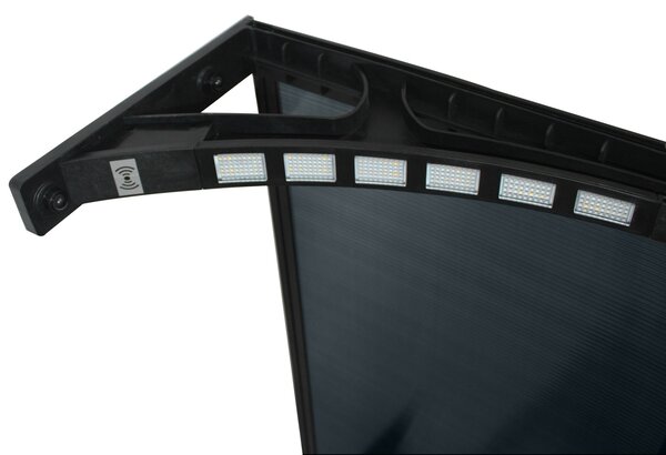 Copertină PREMIUM LUMI cu senzor de lumină și panou solar pentru ușă, 200x100 cm marchiză acoperiș adăpost, negru-antracit