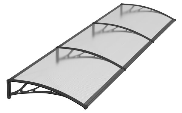 Copertină PREMIUM de ușă 360x80cm / marchiză / adăpost / acoperiș - brațe negre - placă 6mm întreagă transparent