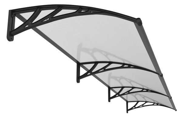 Copertină PREMIUM de ușă 360x80cm / marchiză / adăpost / acoperiș - brațe negre - placă 6mm întreagă transparent