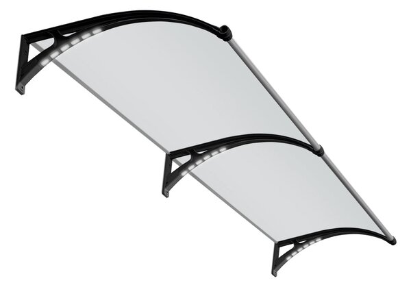Copertină PREMIUM LUMI cu senzor de lumină și panou solar pentru ușă, 200x100 cm marchiză acoperiș adăpost, gri-transparent