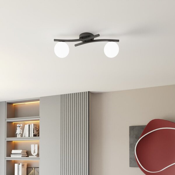 EMIBIG LIGHTING Plafonieră OPUS, lungime 60 cm, opal/negru, sticlă, 2 becuri., reglabil, Negru, Camera de zi / sufragerie, Metal, Modern