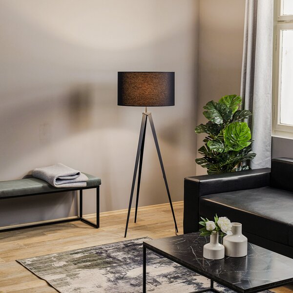 Euluna Lampadar Tago, cu trei picioare, abajur negru/argintiu, Negru, Camera de zi / sufragerie, Metal, Modern, Tripod