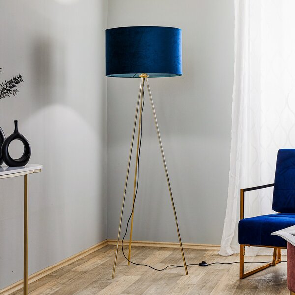Domiluce Lampadar Monaco, trei picioare auriu, catifea albastră, Albastru, Camera de zi / sufragerie, Țesătură / Textil, Umbrelă în picioare