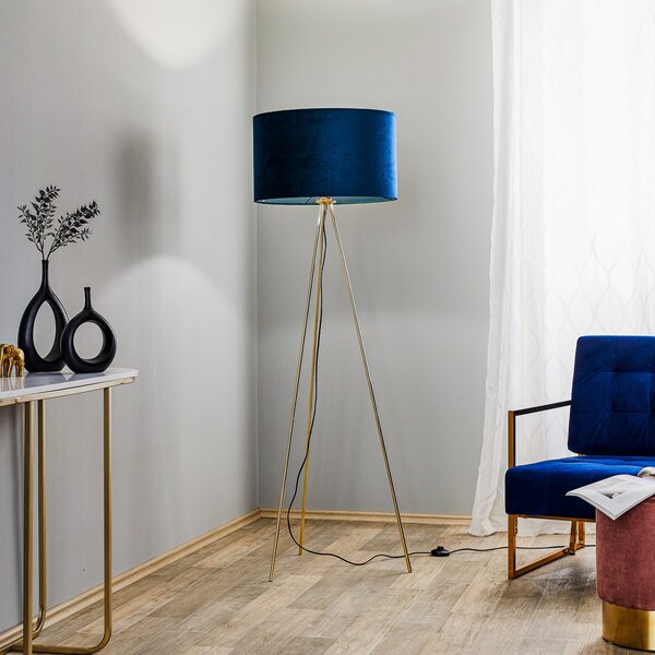 Domiluce Lampadar Monaco, trei picioare auriu, catifea albastră, Albastru, Camera de zi / sufragerie, Țesătură / Textil, Umbrelă în picioare