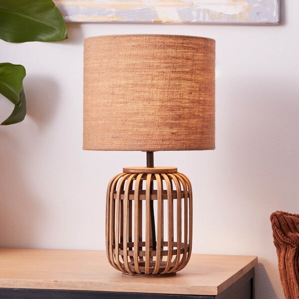 Brilliant Woodrow lampă de masă din bambus cu abajur pânză, Lemn, Camera de zi / sufragerie, Bamboo