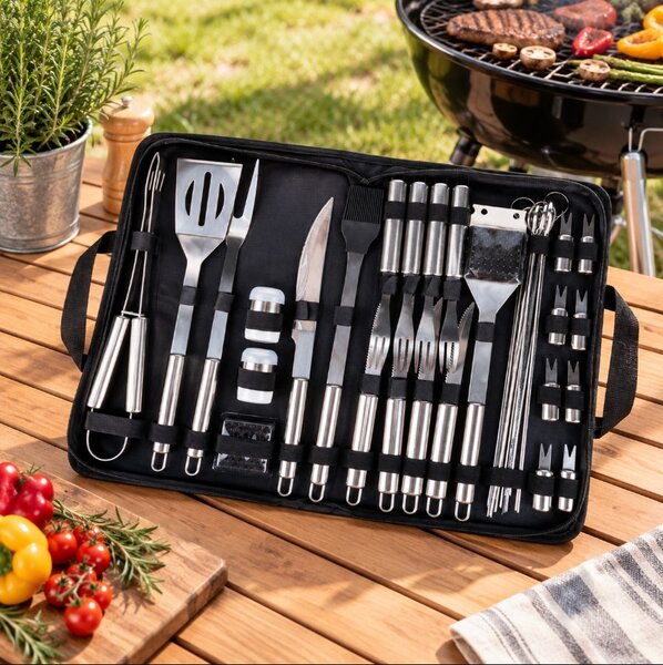 Set 33 ustensile din inox pentru grătar Vilde - Accesorii barbecue complete în husă de transport