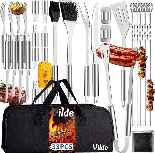 Set 33 ustensile din inox pentru grătar Vilde - Accesorii barbecue complete în husă de transport