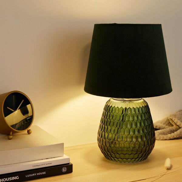 Pauleen Crystal Velours lampă masă, picior sticlă, Verde, Camera de zi / sufragerie, Sticlă, Modern