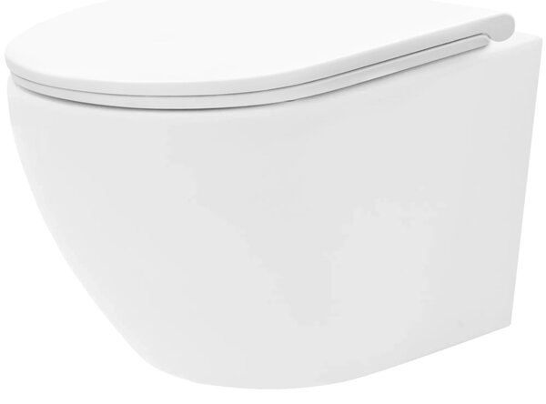 Rea Carlo Mini, vas de toaletă montat pe perete Tornado Rimless 485x365x350 mm + scaun WC, alb lucios, REA-C8770
