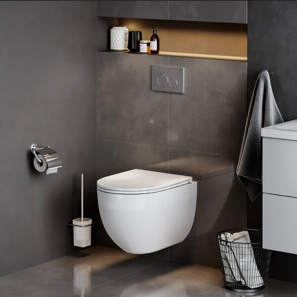 Rea Carlo Mini, vas de toaletă montat pe perete Tornado Rimless 485x365x350 mm + scaun WC, alb lucios, REA-C8770
