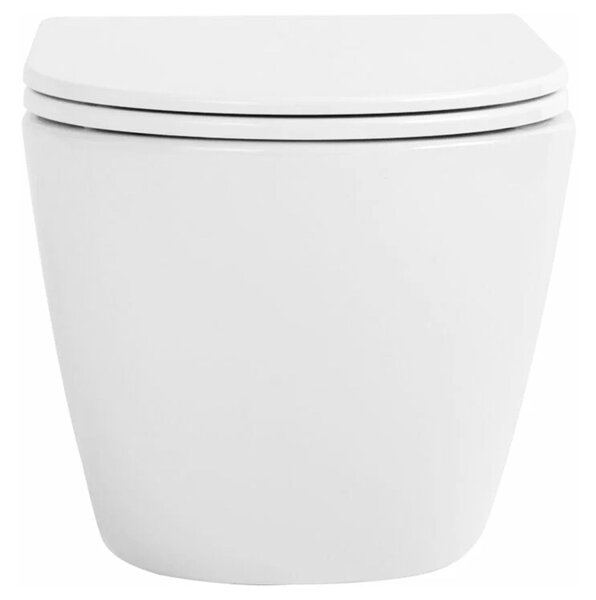 Rea Carlo Mini, vas de toaletă montat pe perete Tornado Rimless 485x365x350 mm + scaun WC, alb lucios, REA-C8770