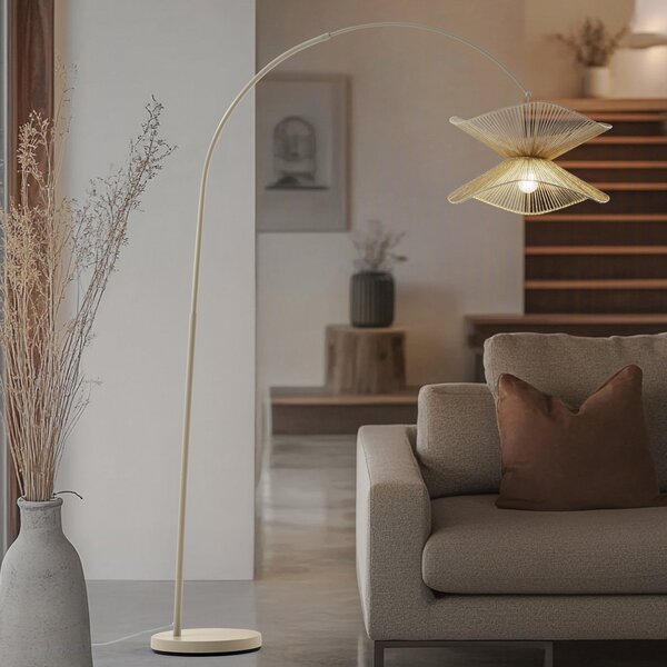 Lindby Lampa cu arc Valdorin, bej, hârtie, 195 cm, IP20, Bej, Camera de zi / sufragerie, Casă de țară / Rustic