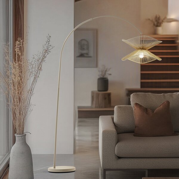 Lindby Lampa cu arc Valdorin, bej, hârtie, 195 cm, IP20, Bej, Camera de zi / sufragerie, Casă de țară / Rustic