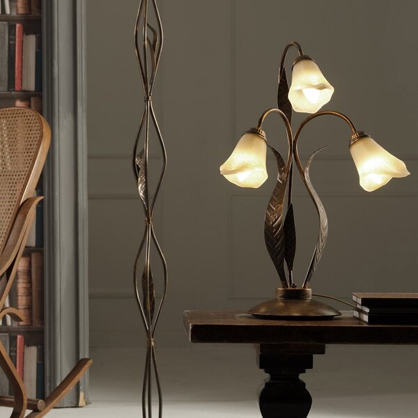 ONLI Lampa de masă Alga, 3 becuri, fier, sticlă, Florentine, Bronz / Alamă Veche, Camera de zi / sufragerie, Metal, Florentin