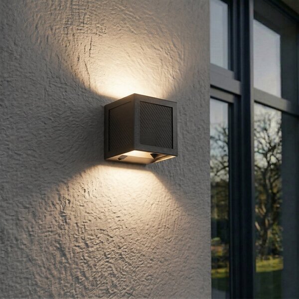 PRIOS Lampa de perete solară cu LED Avvin, negru, formă cub, senzor, Negru, Metal, Modern