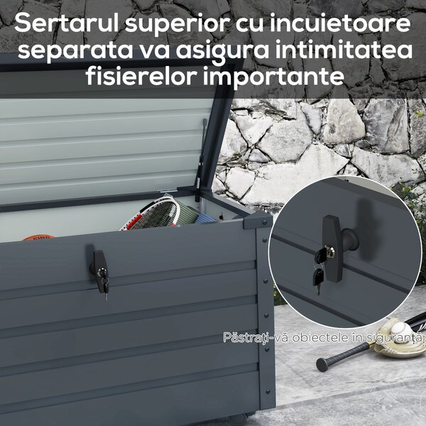 Outsunny Ladă de Grădină de 295L cu Încuietoare, 2 Mânere și 4 Rotile, Mobilier Depozitare din Oțel, 100x62x65 cm, Gri | Aosom Romania
