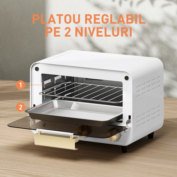 HOMCOM Cuptor Electric cu 2 Înălțimi cu Temporizator și Temperatură Reglabilă, 31,5x27,7x22,7 cm, Alb | Aosom Romania